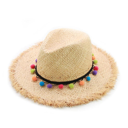 Raffia Panama Hat with Colorful Pompom Tassel Belt-Hats-Innovato Design-Blue-Innovato Design