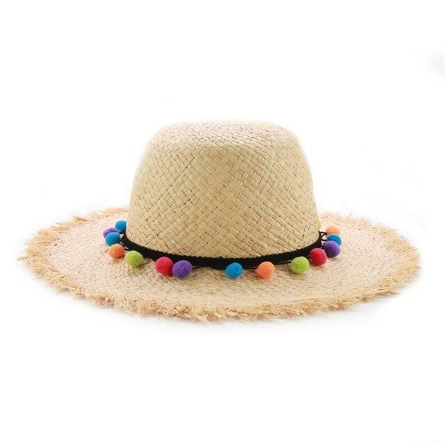 Raffia Panama Hat with Colorful Pompom Tassel Belt-Hats-Innovato Design-White-Innovato Design