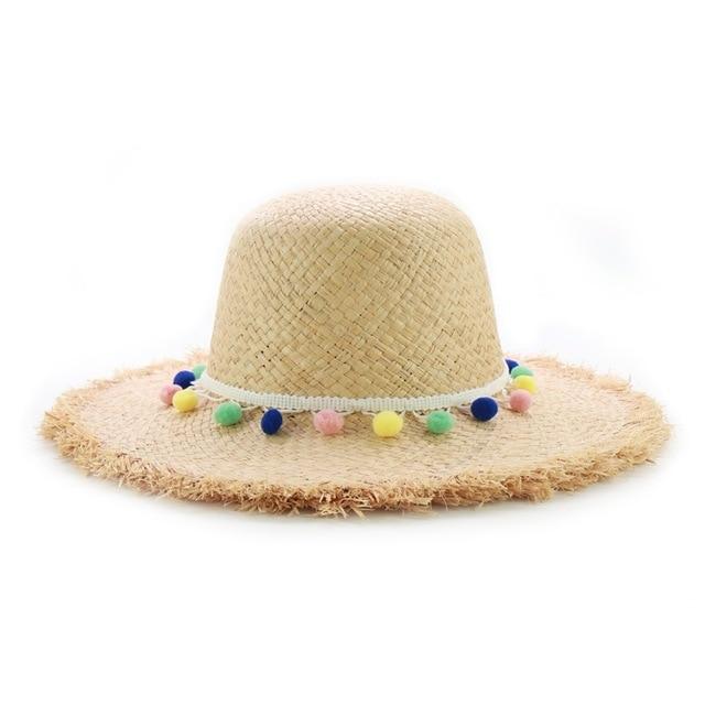 Raffia Panama Hat with Colorful Pompom Tassel Belt-Hats-Innovato Design-Black-Innovato Design