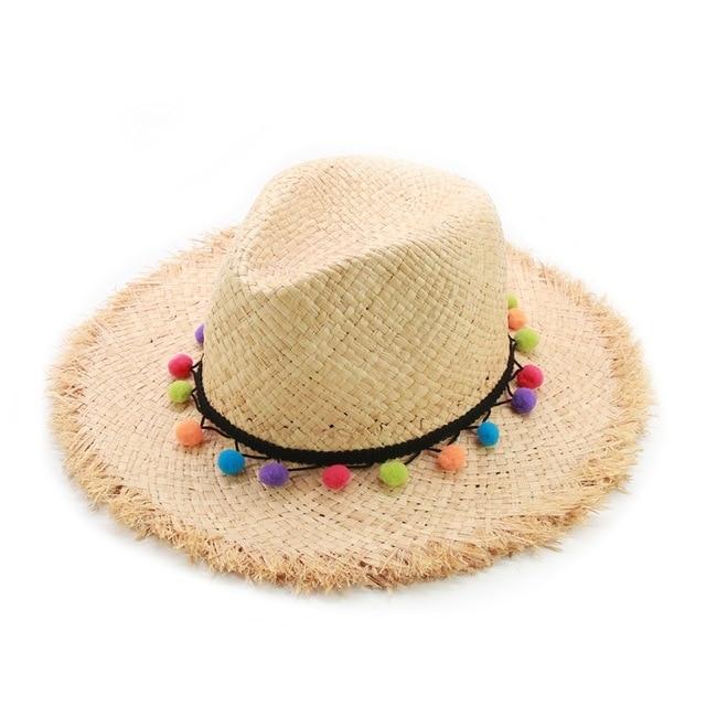 Raffia Panama Hat with Colorful Pompom Tassel Belt-Hats-Innovato Design-Orange-Innovato Design