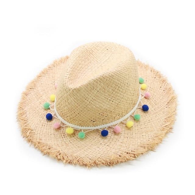 Raffia Panama Hat with Colorful Pompom Tassel Belt-Hats-Innovato Design-Multi-Innovato Design