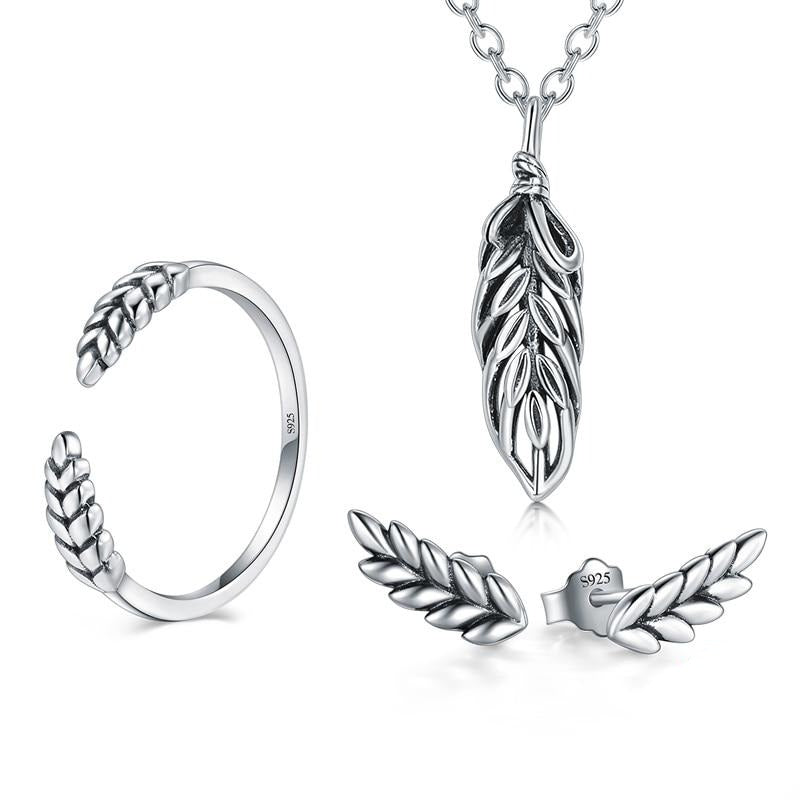 Classic Tree Leaf 925 Sterling Silver Necklace, Earrings & Ring Wedding Jewelry Set-Jewelry Sets-Innovato Design-6-Innovato Design