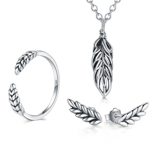 Classic Tree Leaf 925 Sterling Silver Necklace, Earrings & Ring Wedding Jewelry Set-Jewelry Sets-Innovato Design-6-Innovato Design