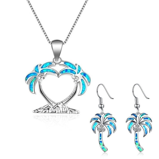 Sunny Beach Coconut Tree Fire Opal Necklace & Earrings Trendy Fashion Jewelry Set-Jewelry Sets-Innovato Design-Green-Innovato Design