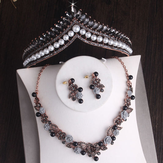Baroque Retro Black Crystal, Pearl, Flowers and Rhinestone Tiara, Necklace & Earrings Jewelry Set-Jewelry Sets-Innovato Design-Innovato Design