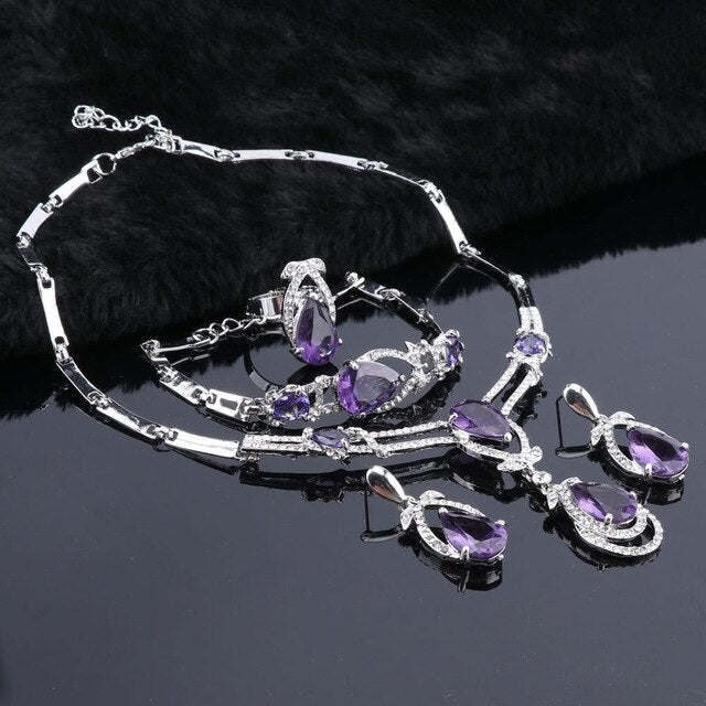 Purple Cubic Zirconia and Crystal Necklace, Bracelet, Earrings & Ring Wedding Statement Jewelry Set-Jewelry Sets-Innovato Design-Gold-Innovato Design