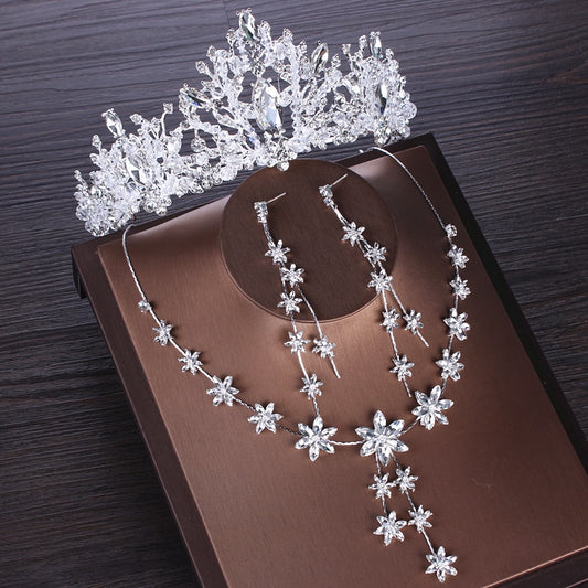 Crystal, Flower and Cubic Zirconia Tiara, Necklace & Earrings Wedding Jewelry Set-Jewelry Sets-Innovato Design-Innovato Design