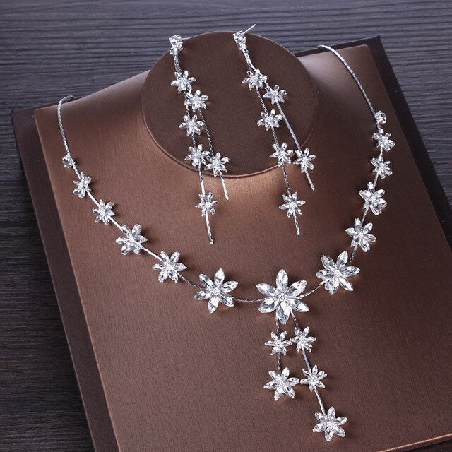 Crystal, Flower and Cubic Zirconia Tiara, Necklace & Earrings Wedding Jewelry Set-Jewelry Sets-Innovato Design-Innovato Design