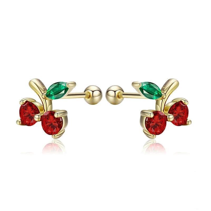 925 Sterling Silver Red & Gold and Green Cherry Stud Earrings-Earrings-Innovato Design-Innovato Design