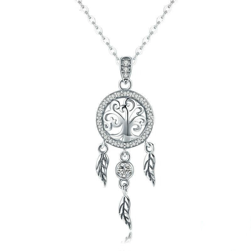 Tree of Life and Dreamcatcher Cubic Zirconia 925 Sterling Silver Vintage Pendant Necklace-Necklaces-Innovato Design-Innovato Design