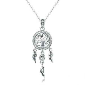 Tree of Life and Dreamcatcher Cubic Zirconia 925 Sterling Silver Vintage Pendant Necklace-Necklaces-Innovato Design-Innovato Design