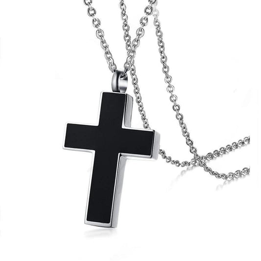 Urn Cross with Black Inlay Pendant and Chain Necklace-Necklaces-Innovato Design-Innovato Design