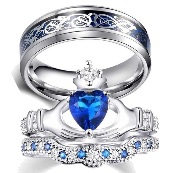 Silver Celtic Dragon Inlay and Blue Cubic Zirconia Claddagh Stainless Steel Wedding Ring Set-Couple Rings-Innovato Design-6-5-Innovato Design