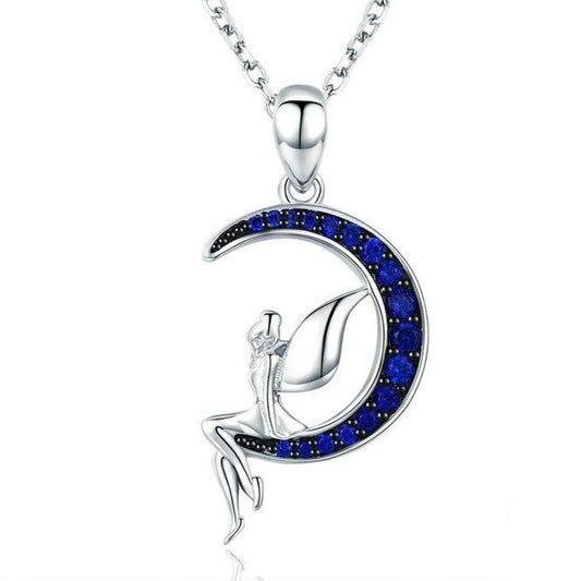 Fairy in Blue Moon Cubic Zirconia 925 Sterling Silver Fashion Pendant Necklace-Necklaces-Innovato Design-Innovato Design