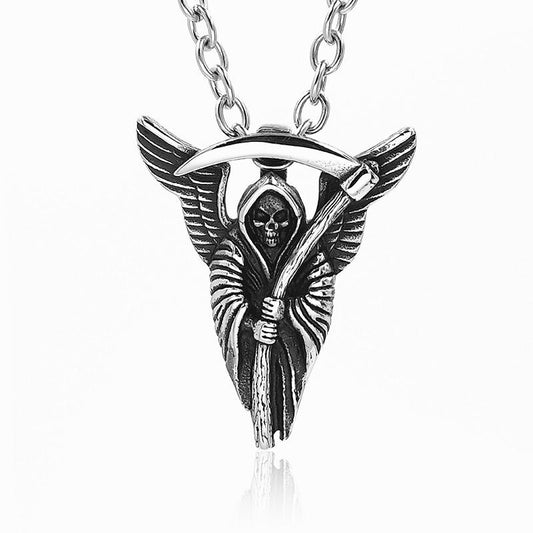 Stainless Steel Winged Grim Reaper with Scythe Pendant Necklace