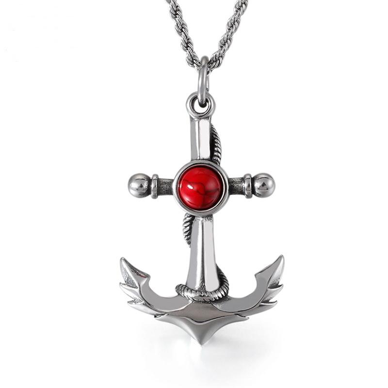 Silver Chain Necklace and Anchor Pendant with Stone Center Necklace-Necklaces-Innovato Design-Red-Innovato Design