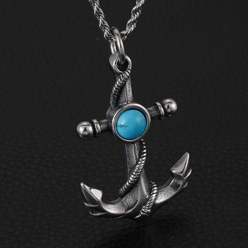 Silver Chain Necklace and Anchor Pendant with Stone Center Necklace-Necklaces-Innovato Design-Blue-Innovato Design
