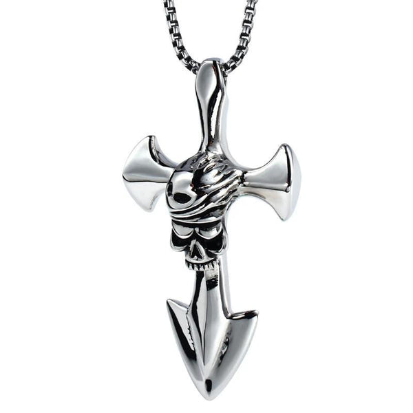 Stainless Steel Silver Pirate Skull Cross Blade Pendant Necklace - InnovatoDesign