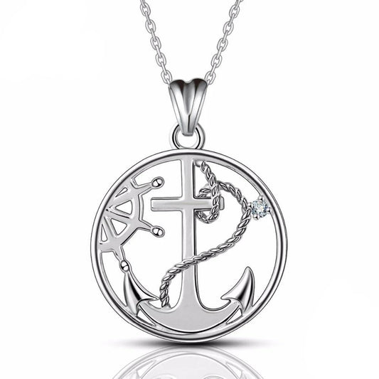 925 Sterling Silver Round Anchor and Rudder Pendant Necklace-Necklaces-Innovato Design-Innovato Design