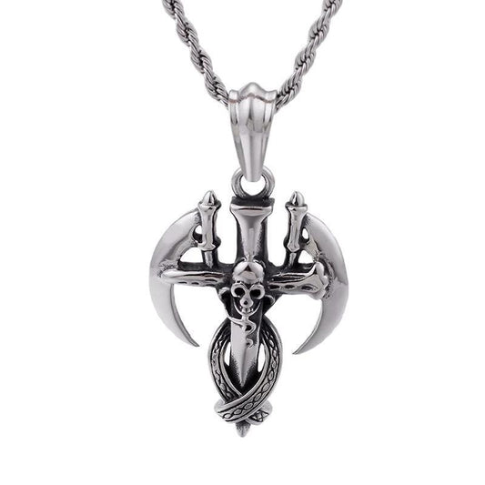 Steel Skull and Scythe Cross Pendant with Chain Necklace - InnovatoDesign