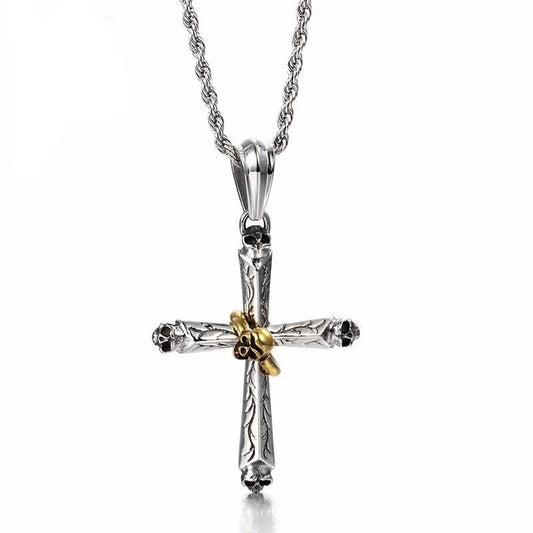 Two-tone Gold and Silver Skull Cross and Ring Pendant with Chain Necklace - InnovatoDesign