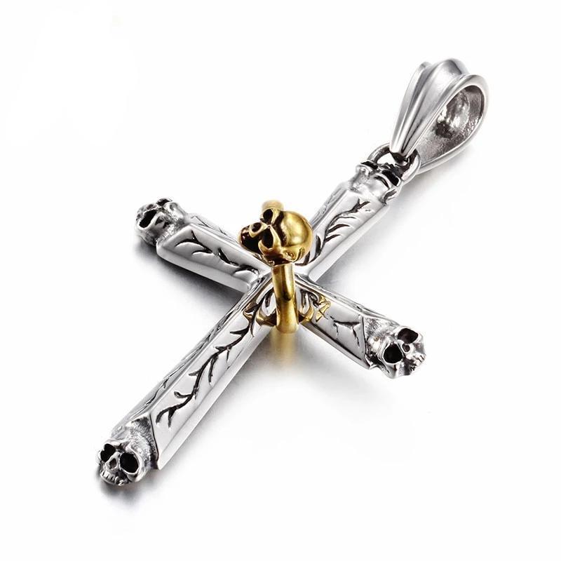 Two-tone Gold and Silver Skull Cross and Ring Pendant with Chain Necklace-Necklaces-Innovato Design-Innovato Design