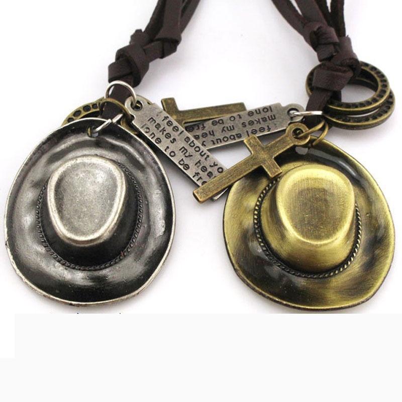 Cowboy Hat with Cross and Horseshoe Pendants Rope Necklace-Necklaces-Innovato Design-Bronze-Innovato Design
