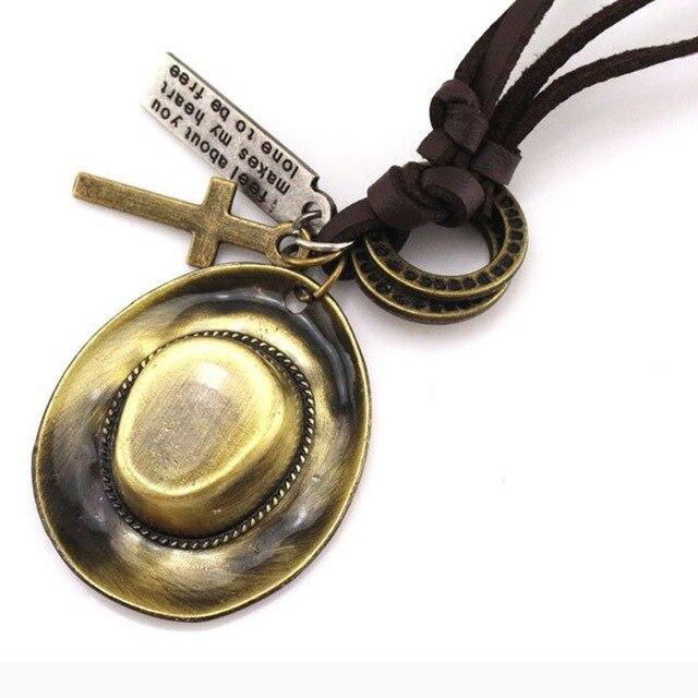 Cowboy Hat with Cross and Horseshoe Pendants Rope Necklace-Necklaces-Innovato Design-Bronze-Innovato Design