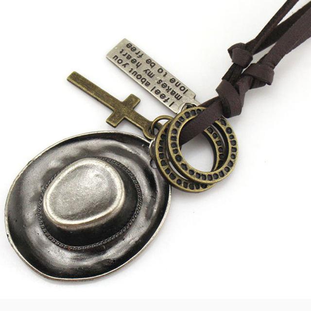 Cowboy Hat with Cross and Horseshoe Pendants Rope Necklace-Necklaces-Innovato Design-Silver-Innovato Design