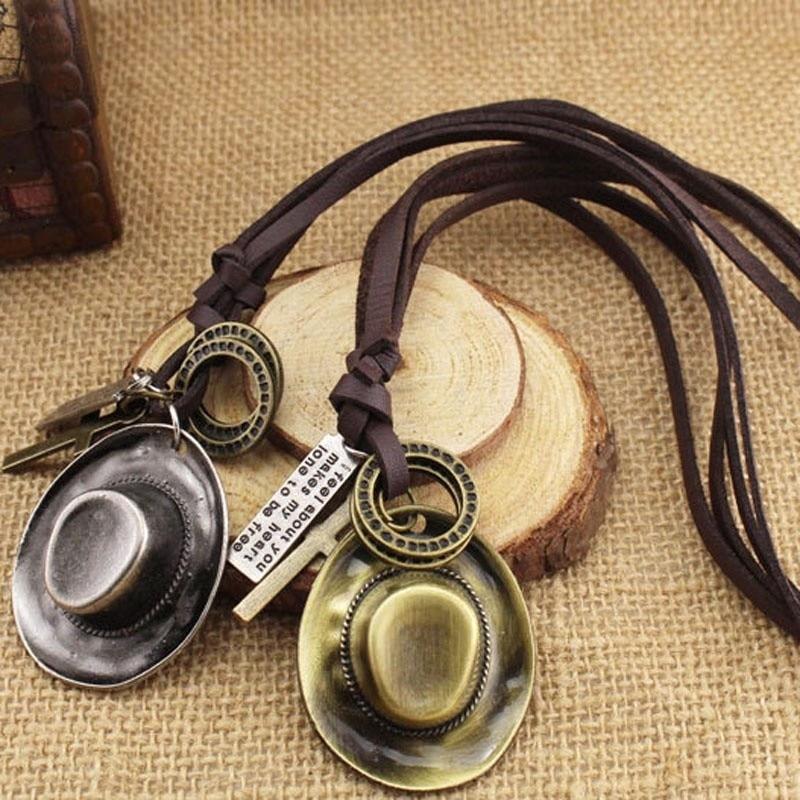 Cowboy Hat with Cross and Horseshoe Pendants Rope Necklace-Necklaces-Innovato Design-Bronze-Innovato Design