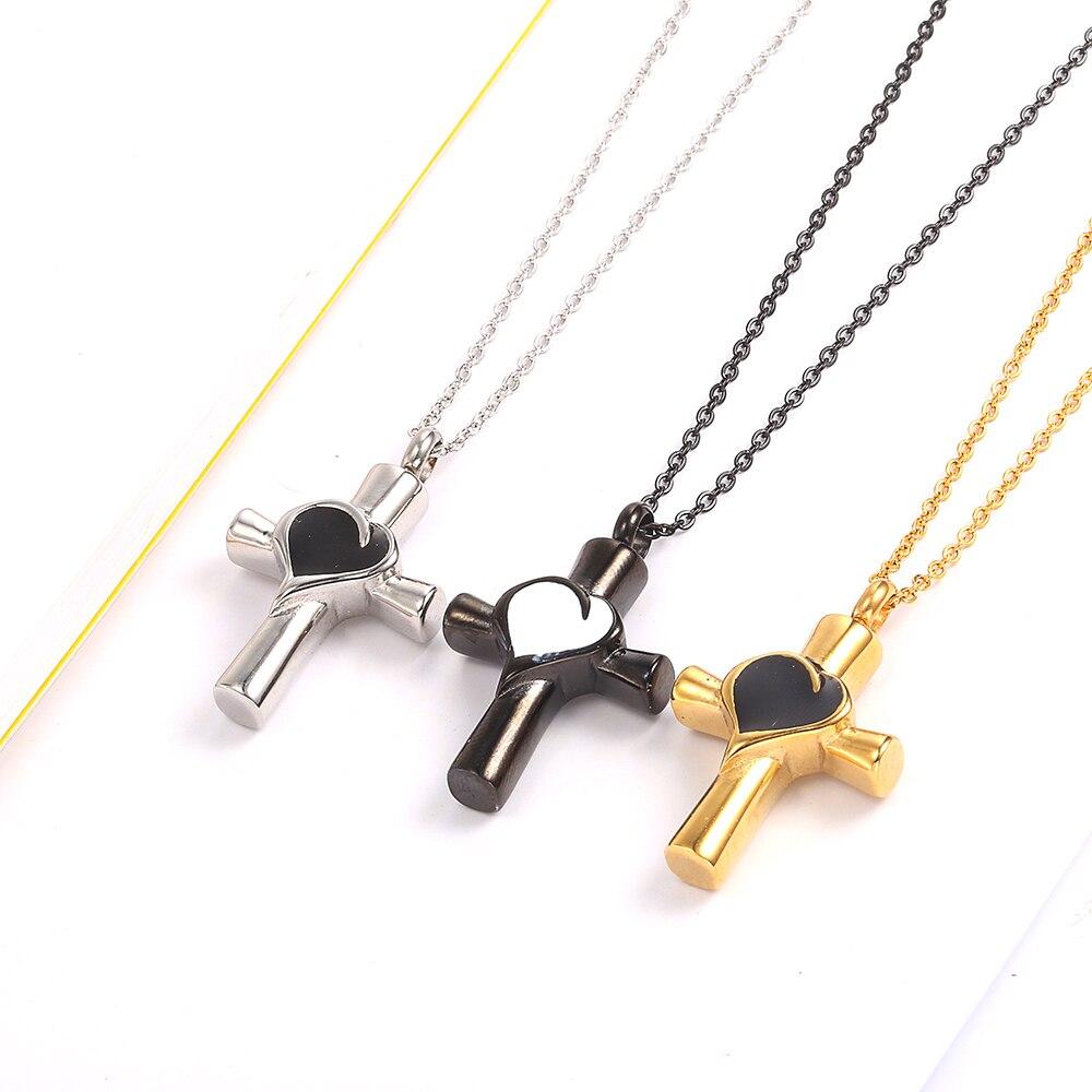 Urn Cross with Heart Inlay Pendant and Chain Necklace-Necklaces-Innovato Design-Black-Innovato Design