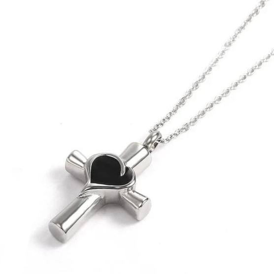 Urn Cross with Heart Inlay Pendant and Chain Necklace-Necklaces-Innovato Design-Silver-Innovato Design