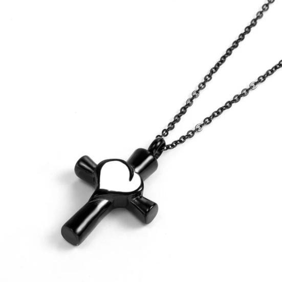 Urn Cross with Heart Inlay Pendant and Chain Necklace-Necklaces-Innovato Design-Black-Innovato Design