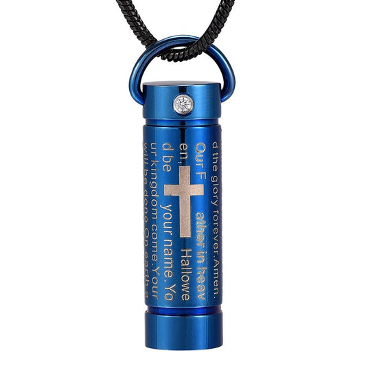 Blue Urn Pendant with Engraved Cross and Prayer Necklace-Necklaces-Innovato Design-Innovato Design