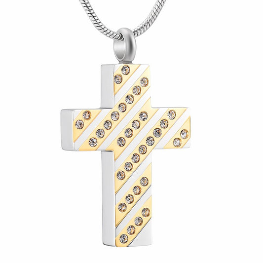 Two-tone Gold and Silver Cross Pendant Memorial Necklace with Cubic Zirconia-Necklaces-Innovato Design-Innovato Design