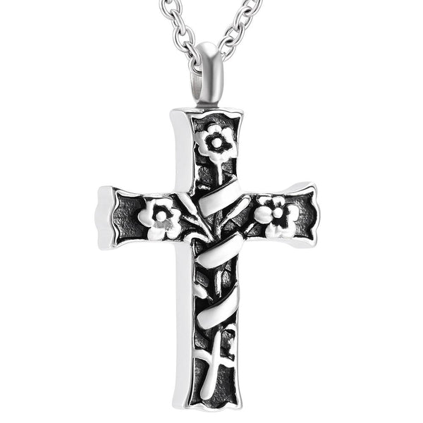 Silver Floral Engraving on Cross Memorial Pendant Necklace - InnovatoDesign