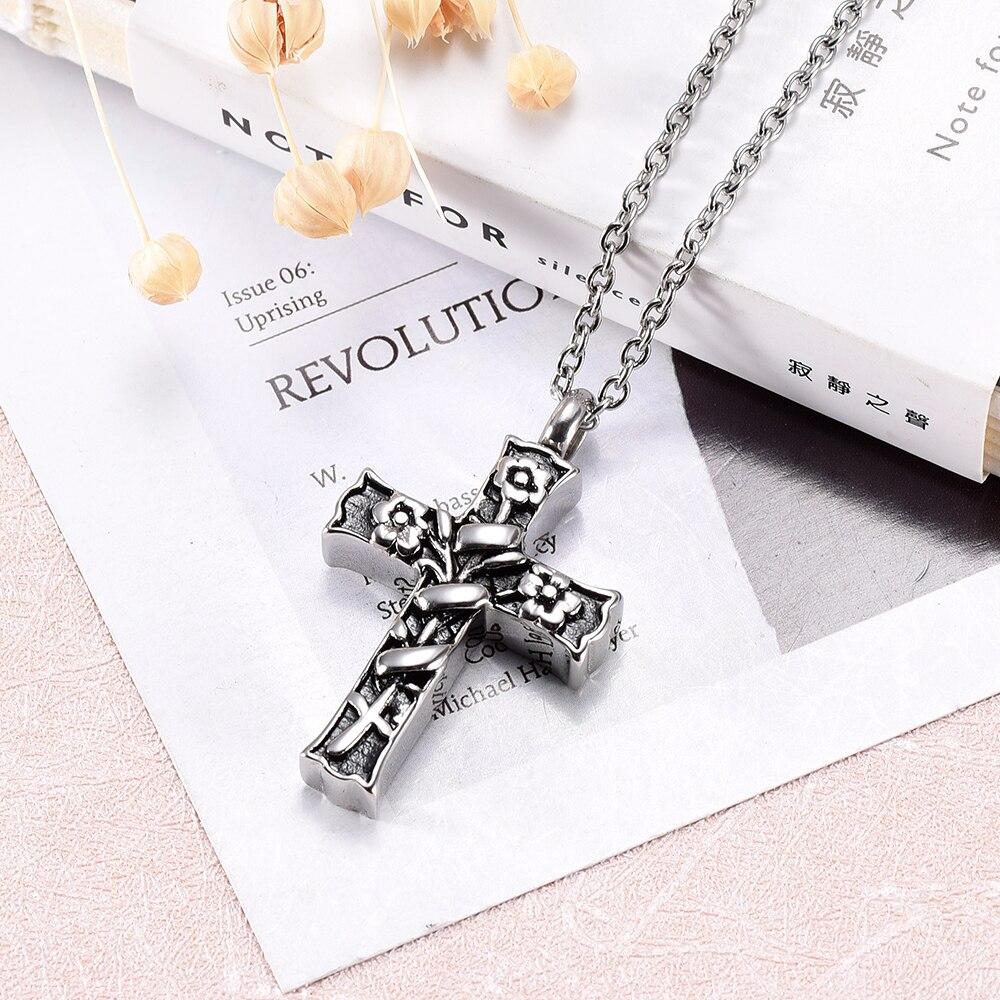 Silver Floral Engraving on Cross Memorial Pendant Necklace-Necklaces-Innovato Design-Innovato Design