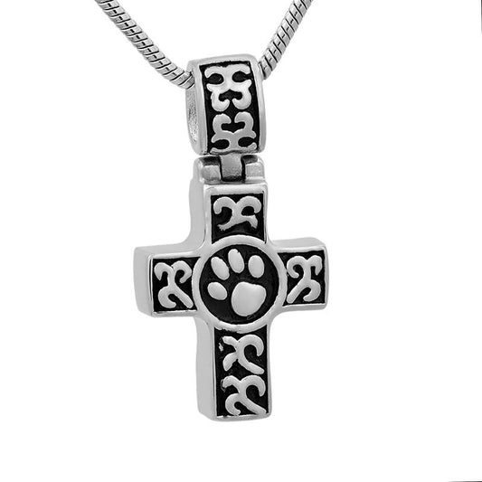 Stainless Steel Silver Paw Print Cross Memorial Pendant Necklace-Necklaces-Innovato Design-Silver-Innovato Design