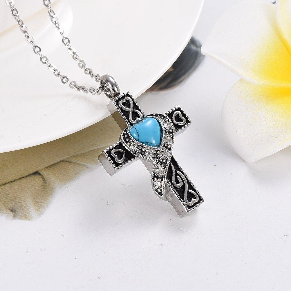 Silver Blue Heart Crystal Cross Pendant with Chain Necklace-Necklaces-Innovato Design-Innovato Design