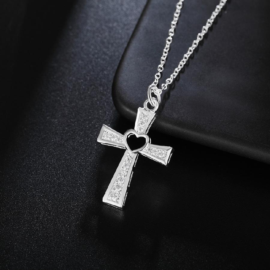 Bejeweled Hollow Heart Cross Pendant and Chain Necklace-Necklaces-Innovato Design-Innovato Design