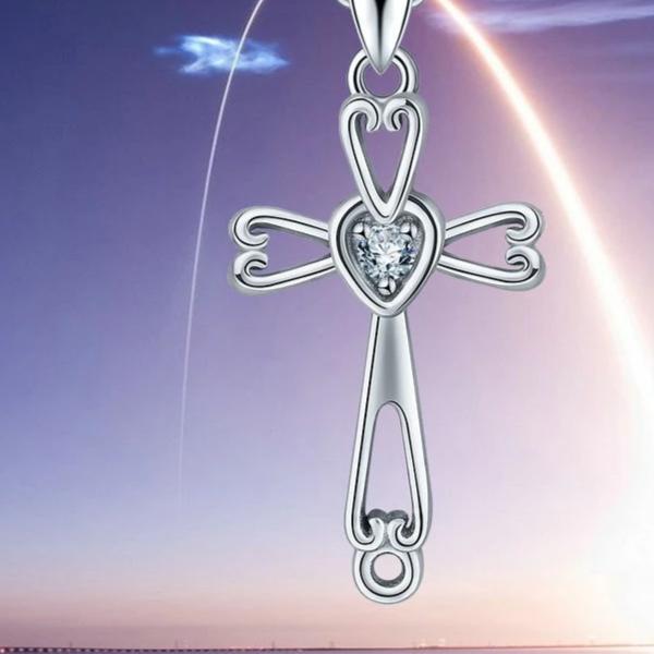 Sterling Silver Cross Pendant with Crystal Heart Necklace-Necklaces-Innovato Design-Innovato Design