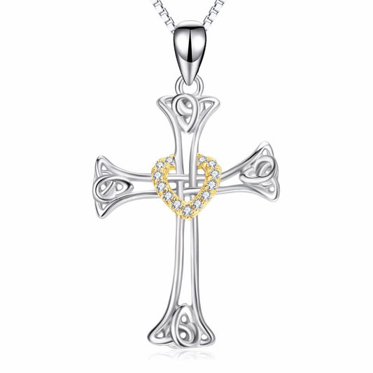 925 Sterling Silver Knot Heart Cross Pendant with Golden Crystal Sheath-Necklaces-Innovato Design-Innovato Design