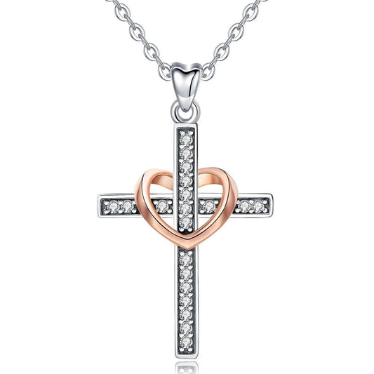 Thin Sterling Silver Rose Gold Heart Cross Pendant Necklace-Necklaces-Innovato Design-Innovato Design