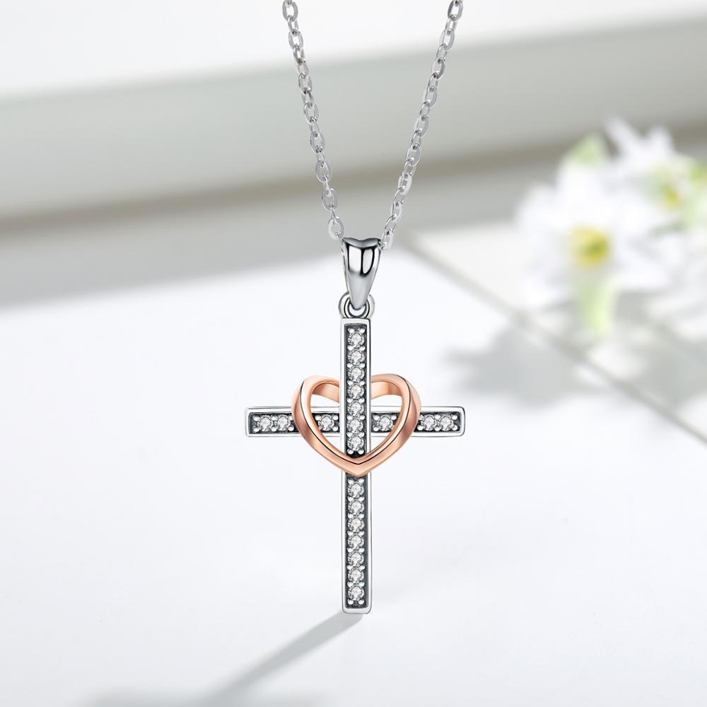Thin Sterling Silver Rose Gold Heart Cross Pendant Necklace-Necklaces-Innovato Design-Innovato Design