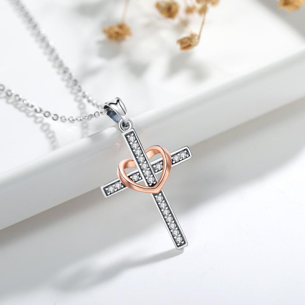 Thin Sterling Silver Rose Gold Heart Cross Pendant Necklace-Necklaces-Innovato Design-Innovato Design