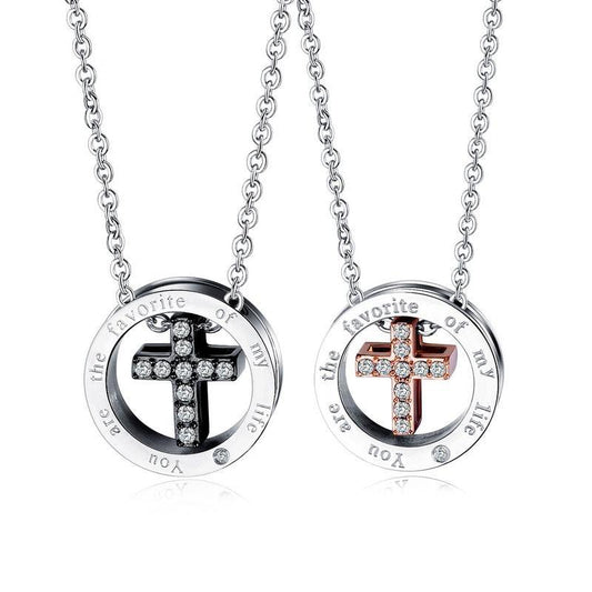 Silver Couple Cross Pendant with Crystals Engraved Message "You are The Favorite of My Life"-Necklaces-Innovato Design-Black-Innovato Design