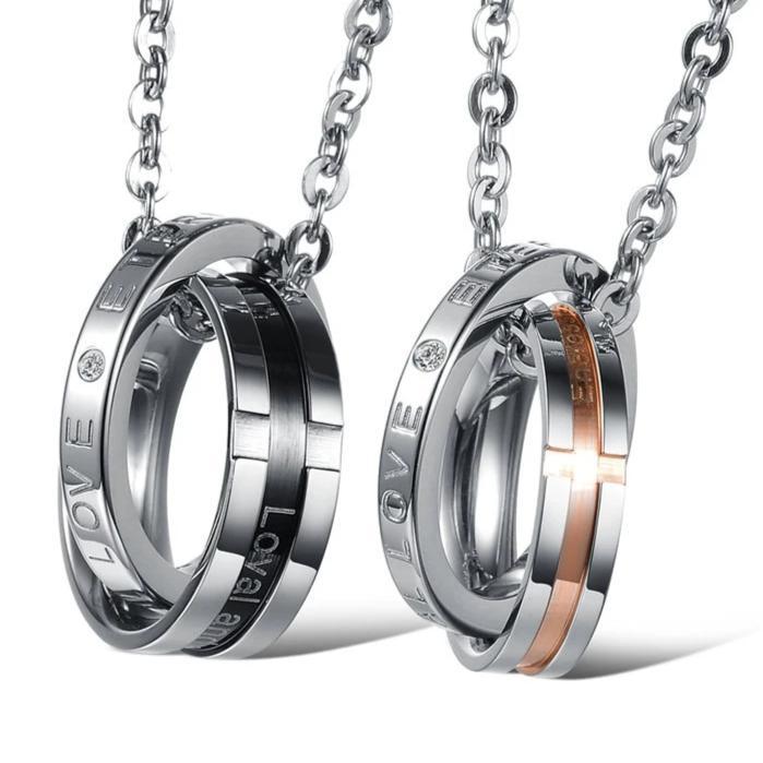 Two Rings Pendant Two-tone Double Lock Couple Ring Pendant Chain Necklace – Innovato Design