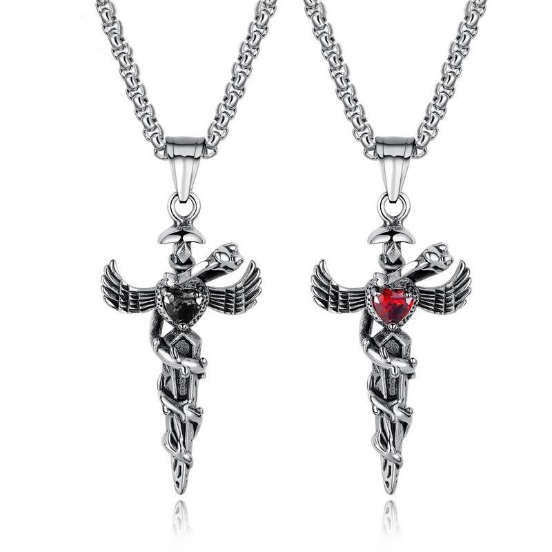 Steel Winged Crystal Heart Cross with Snake Accent Pendant Necklace-Necklaces-Innovato Design-Red-Innovato Design