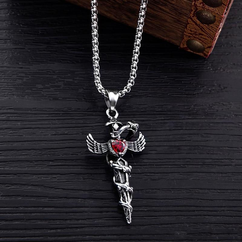 Steel Winged Crystal Heart Cross with Snake Accent Pendant Necklace-Necklaces-Innovato Design-Red-Innovato Design