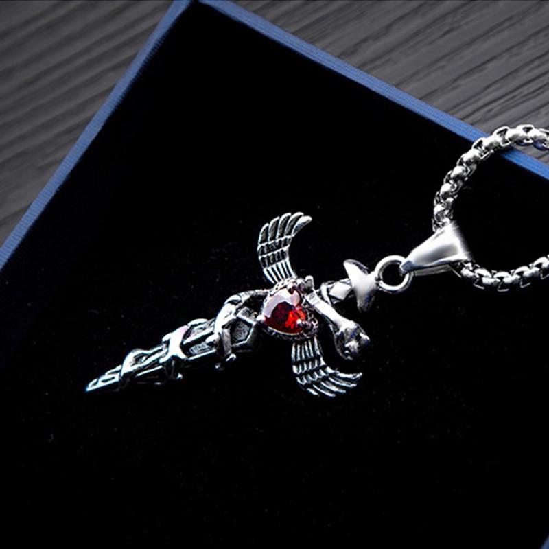 Steel Winged Crystal Heart Cross with Snake Accent Pendant Necklace-Necklaces-Innovato Design-Red-Innovato Design
